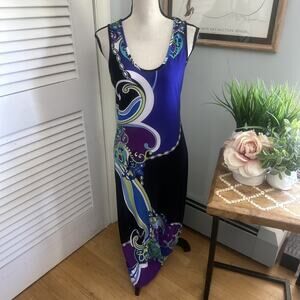 JBS Womens Dress Medium Colorful Paisley Maxi Slinky Tank Summer Boho Beach